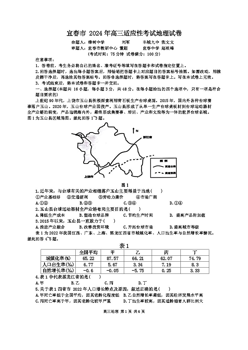 2024届江西省宜春市高考下学期4月模拟预测地理试题第1页