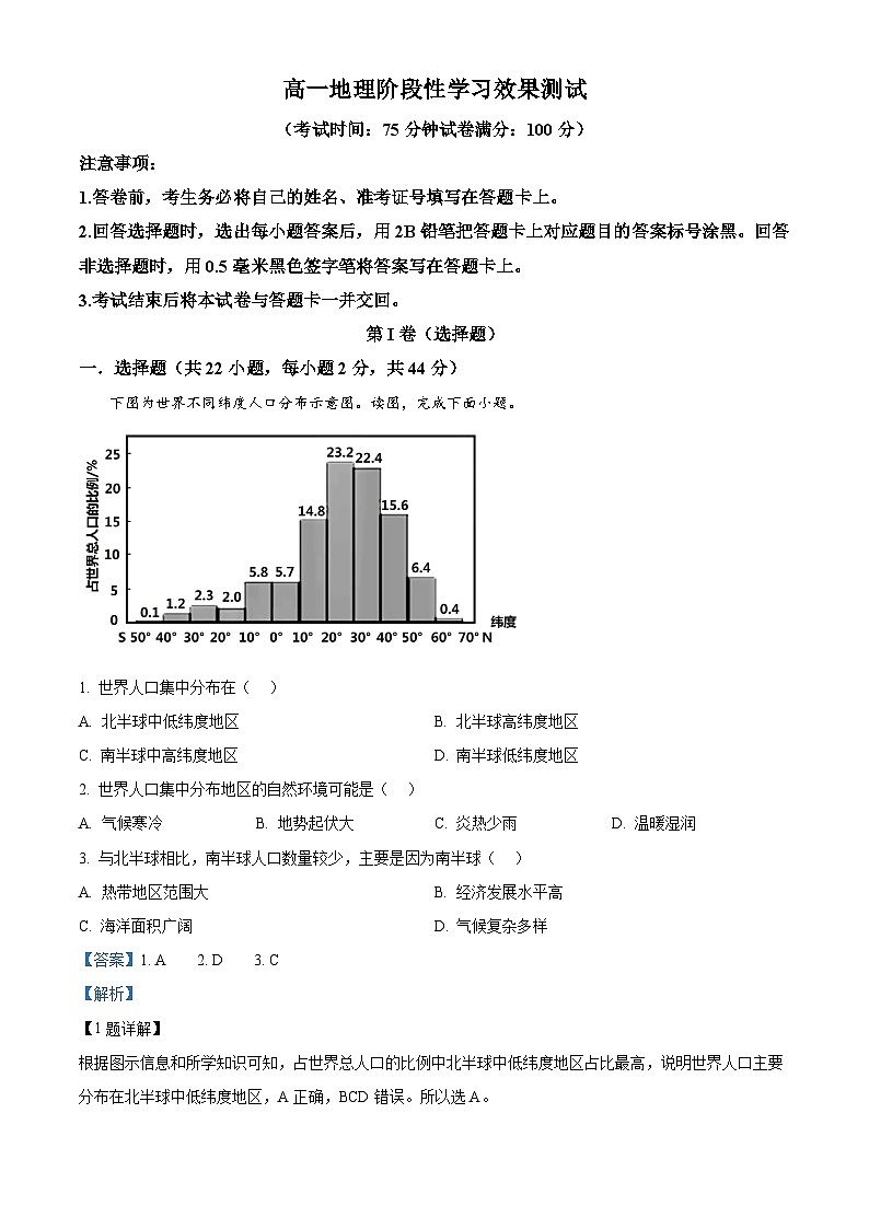 陕西省西安市田家炳中学大学区联考2023-2024学年高一下学期4月月考地理试题（原卷版+解析版）01