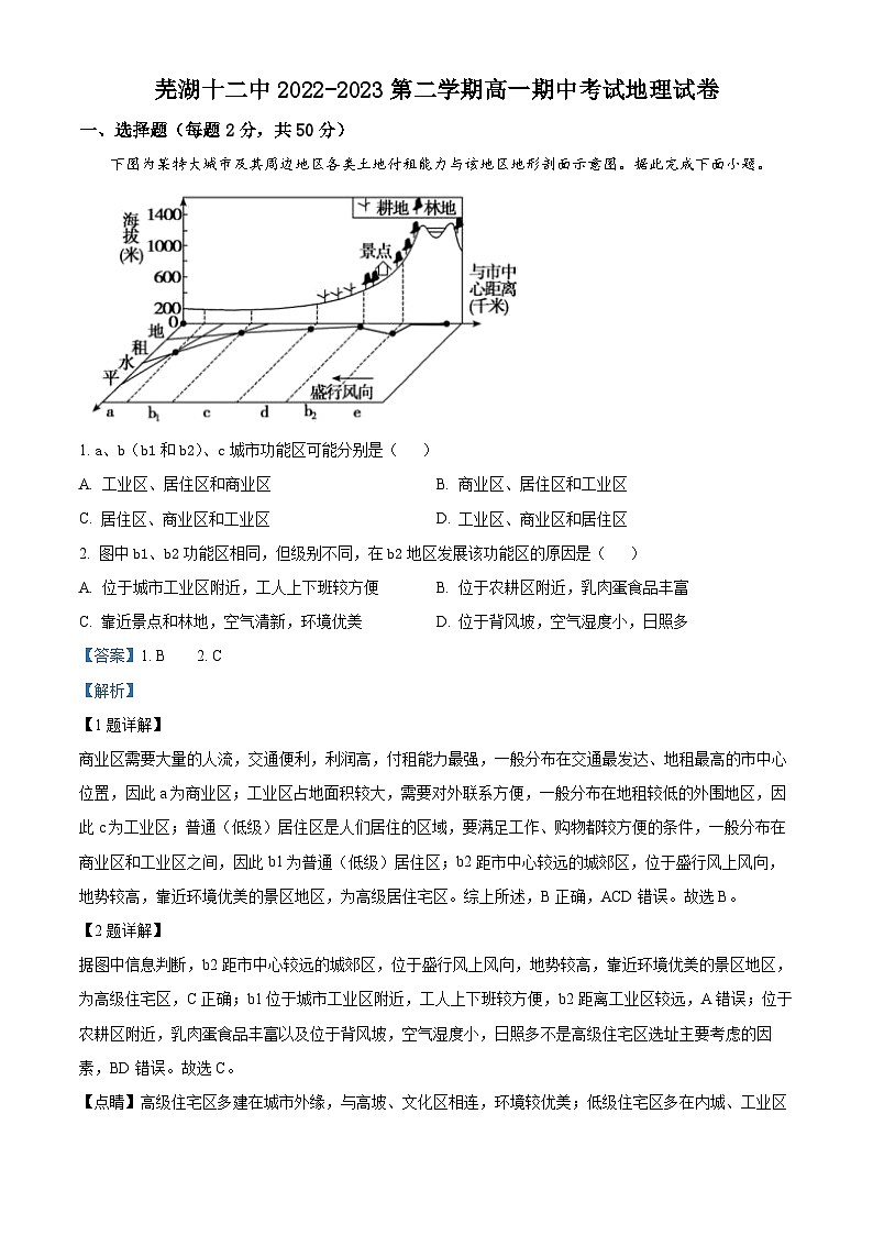 安徽省芜湖市第十二中学2022-2023学年高一下学期期中考试地理试题（Word版附解析）01