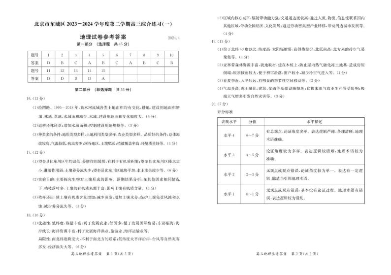 2024届北京市东城区高三下学期4月一模地理试题及答案01