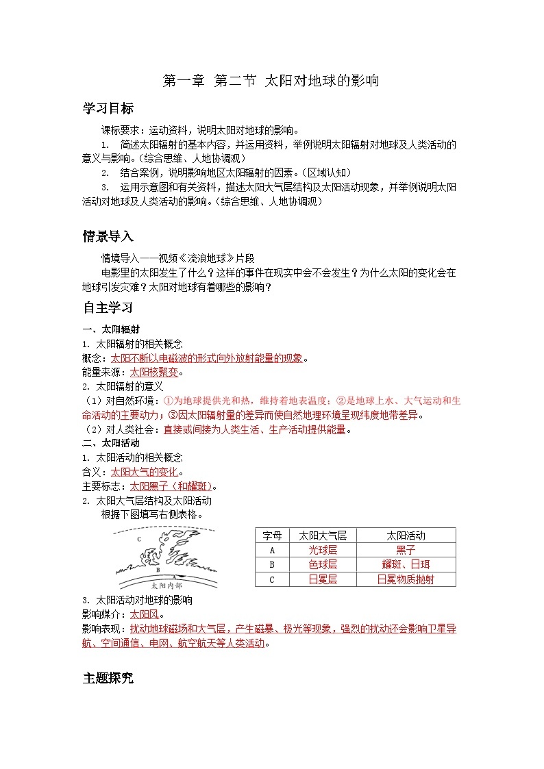 人教2019版高中地理导学案 必修一 1.2 太阳对地球的影响（教师版+学生版）01