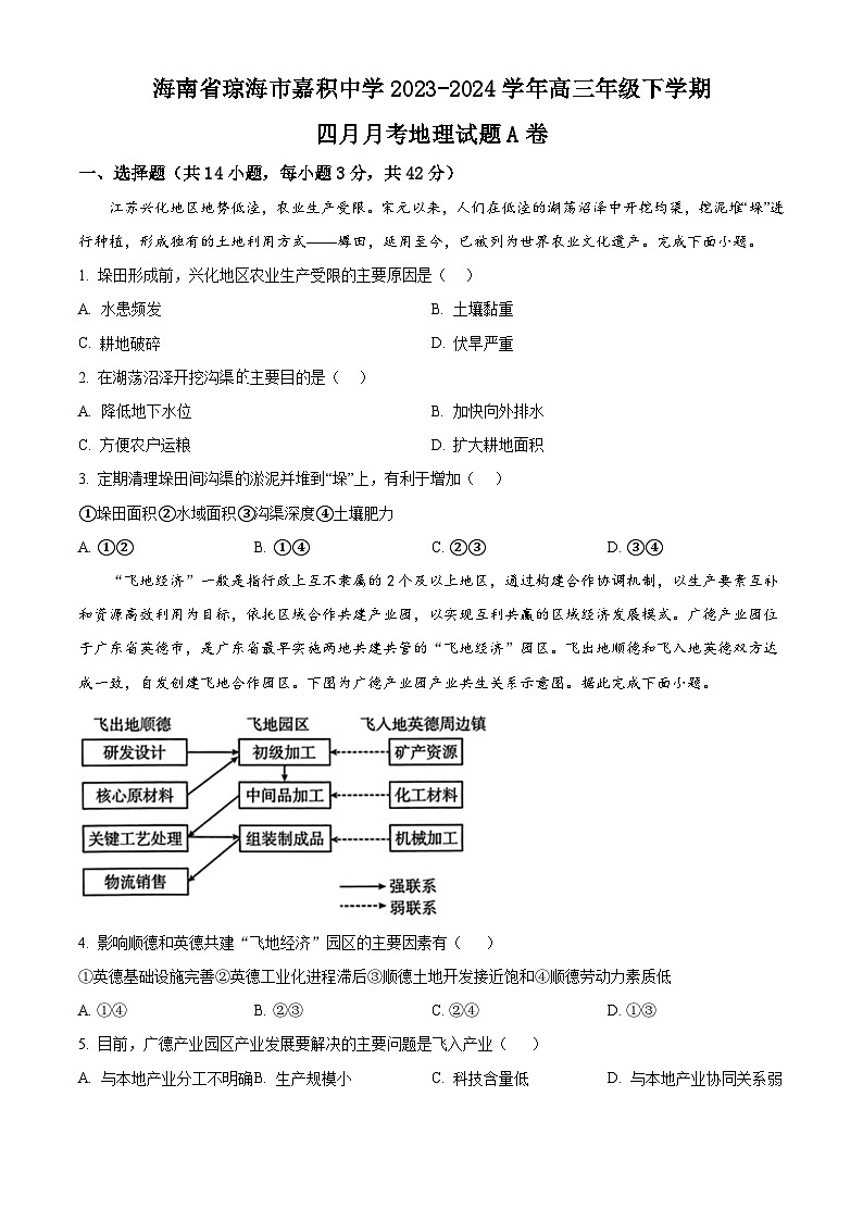 海南省琼海市嘉积中学2023-2024学年高三下学期四月月考地理试题A卷（原卷版+解析版）01