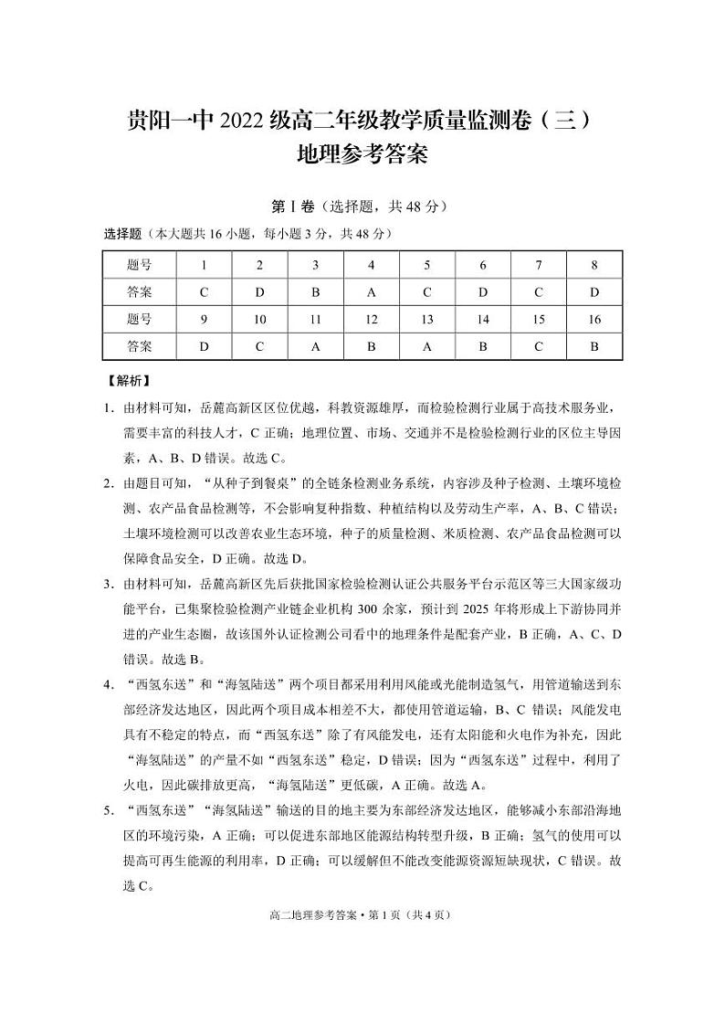 贵州省贵阳市第一中学2023-2024学年高二下学期期中考试地理试题01