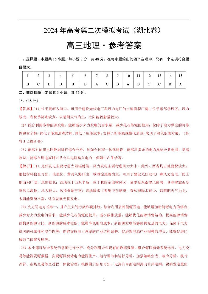 2024年高考第二次模拟考试：地理（湖北卷）（参考答案）第1页