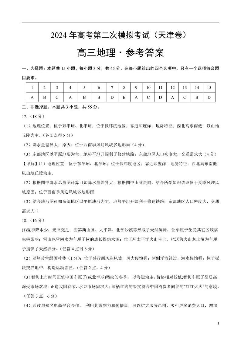 2024年高考第二次模拟考试：地理（天津卷）（参考答案）第1页