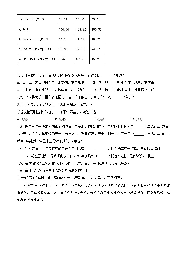 2024上海黄浦区高三下学期4月二模试题地理含解析02