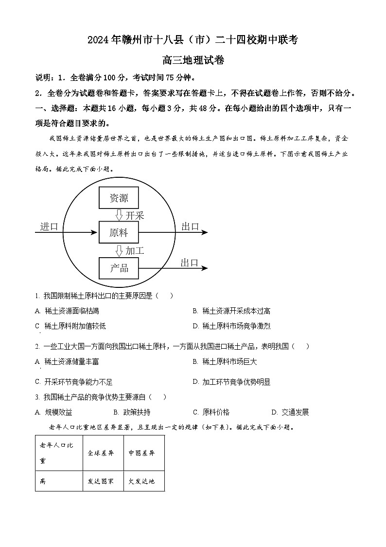 江西省赣州市十八县(市)二十四校2023-2024学年高三下学期4月期中地理试题（原卷版）第1页