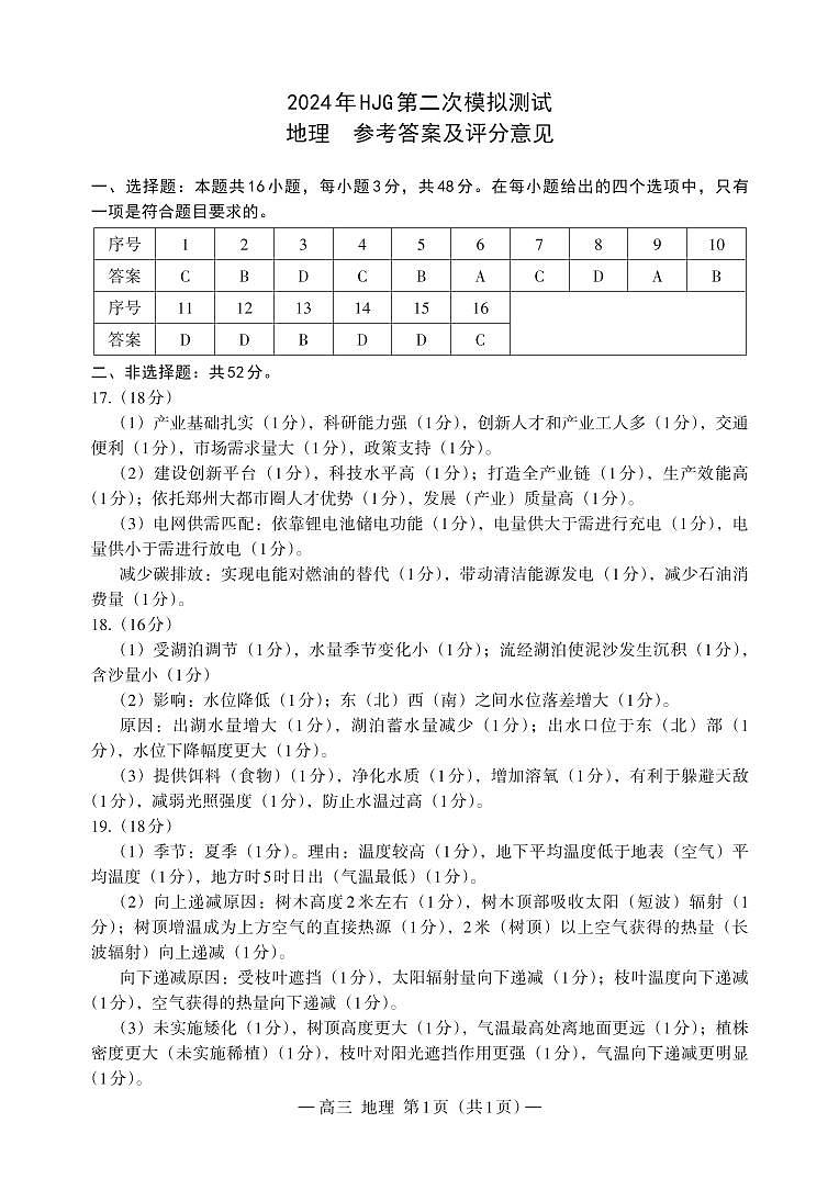 2024南昌高三二模地理答案第1页