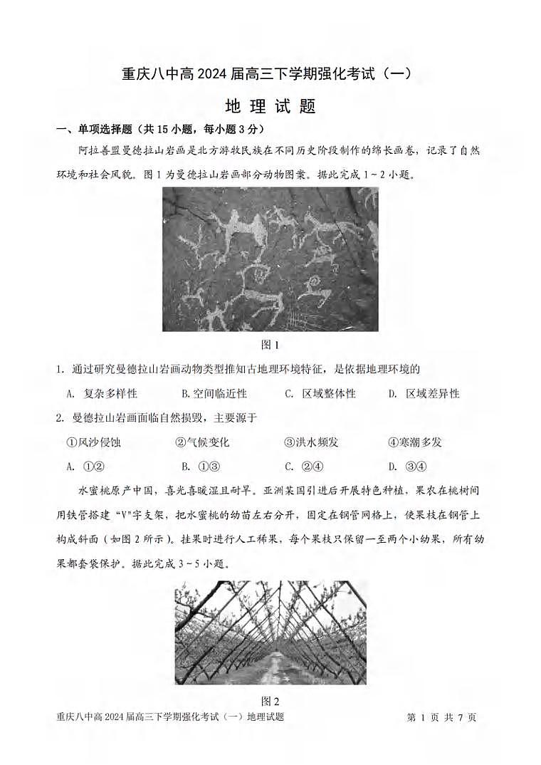 2024届重庆市第八中学校高三下学期强化训练1地理试题01