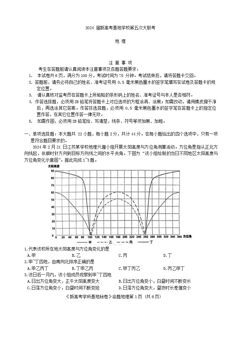 2024届江苏省新高考基地学校第五次大联考模拟预测地理试题第1页