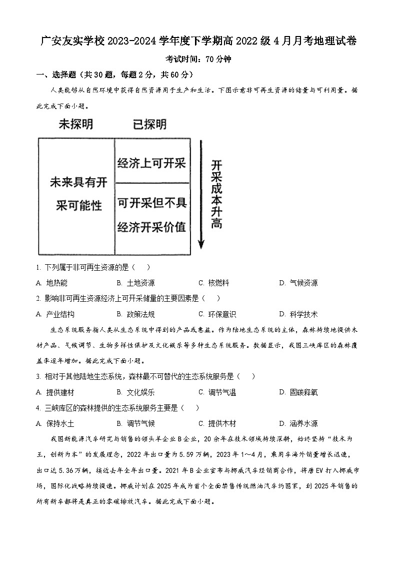四川省广安市友实学校2023-2024学年高二下学期第一次月考地理试题（原卷版）第1页