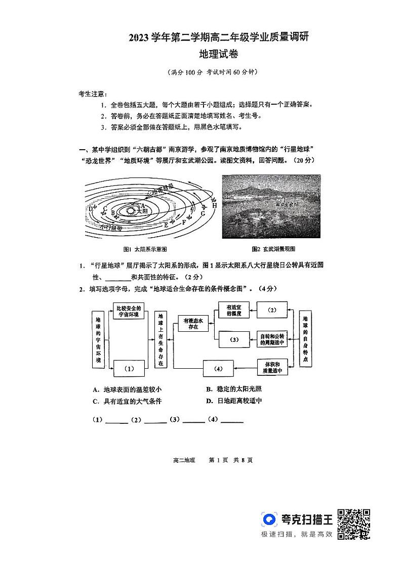 上海市闵行区2023-2024学年高二下学期4月期中地理试题01