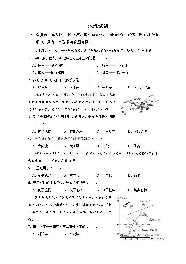 2024年江苏普通高中学业水平合格性考试模拟卷（六）地理模拟练习01