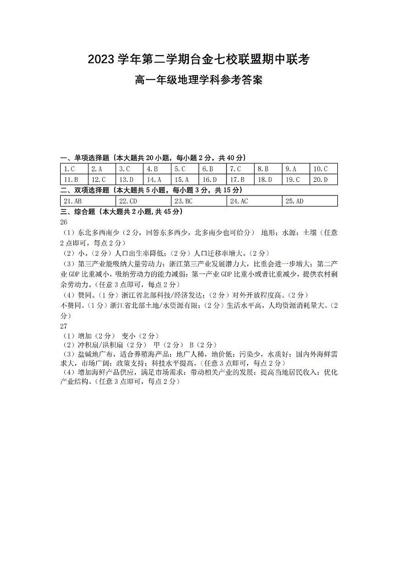 浙江省台金七校联盟2023-2024学年高一下学期4月期中联考地理试卷（Word版附答案）01