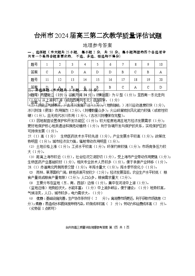 2024台州高三下学期二模地理试题含答案01