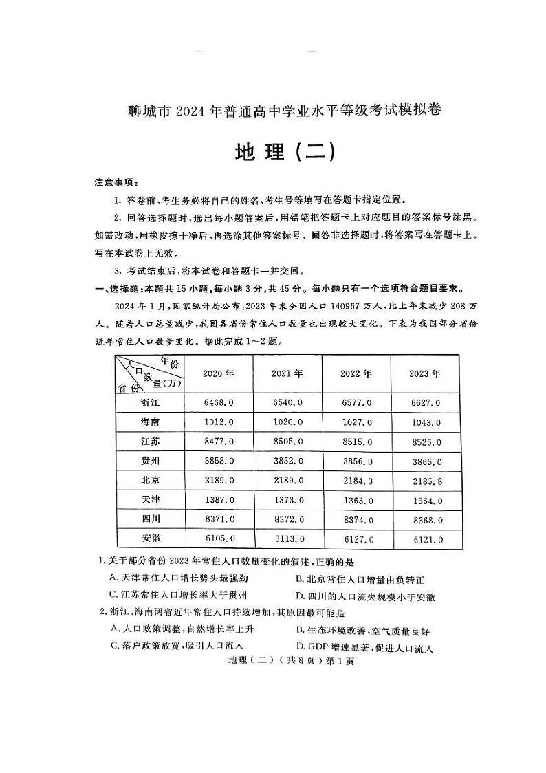 山东省聊城市2024届高三下学期二模地理试卷（PDF版附答案）01