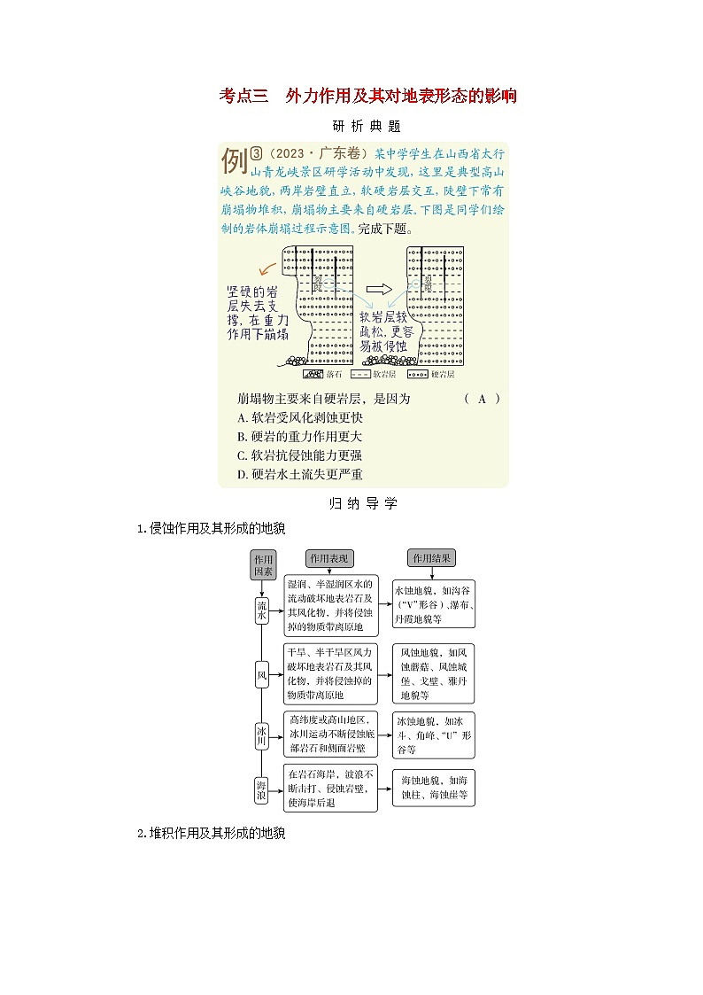 2025版高考地理一轮总复习考点突破训练题第1部分自然地理第五章地表形态的塑造第一讲常见地貌类型塑造地表形态的力量地貌的观察考点三外力作用及其对地表形态的影响01