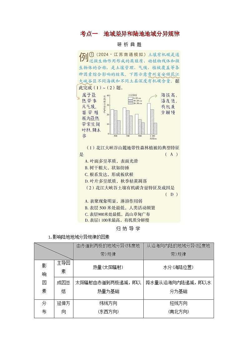 2025版高考地理一轮总复习考点突破训练题第1部分自然地理第六章自然环境的整体性与差异性第三讲自然环境的地域差异性考点一地域差异和陆地地域分异规律第1页
