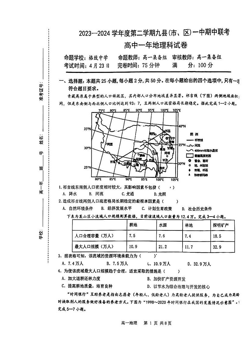 福建省福州市福州八县一中2023-2024学年高一下学期4月期中联考地理试卷（Word版附解析）01