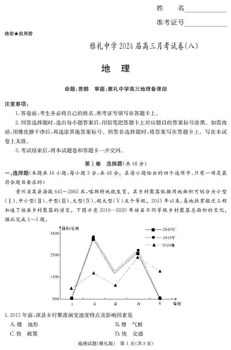 湖南省长沙市雅礼中学2023-2024学年高三下学期月考（八）地理试题01