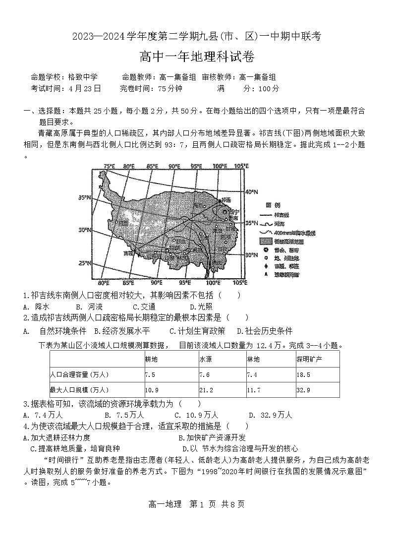 福建省福州市福州八县一中2023-2024学年高一下学期4月期中联考地理试题（Word版附答案）第1页