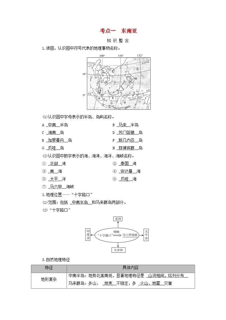 2025版高考地理一轮总复习考点突破训练题第5部分区域地理第二十一章世界地理第二讲世界重要地区考点一东南亚01