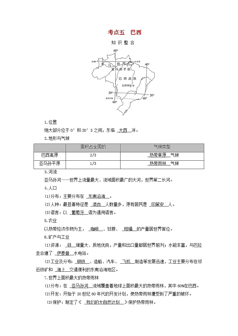 2025版高考地理一轮总复习考点突破训练题第5部分区域地理第二十一章世界地理第三讲世界主要国家考点五巴西01