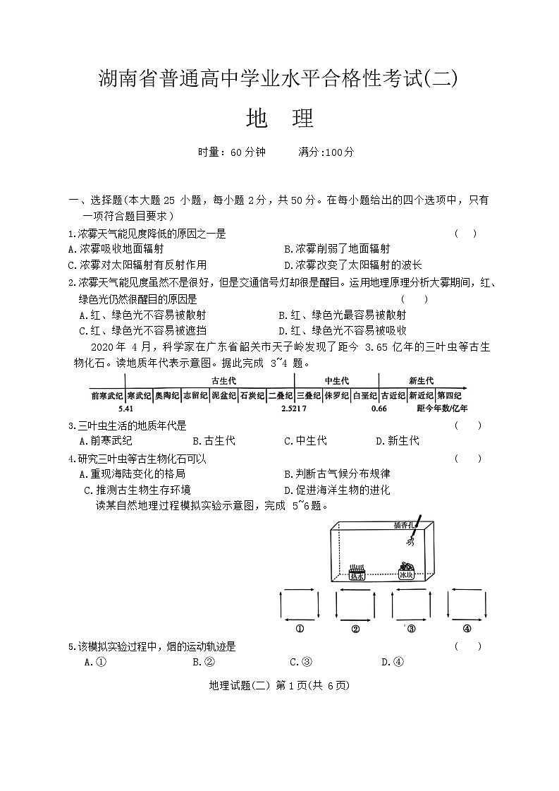 湖南省娄底市2023-2024学年高一学业水平合格性考试模拟地理试题（二） Word版无答案第1页