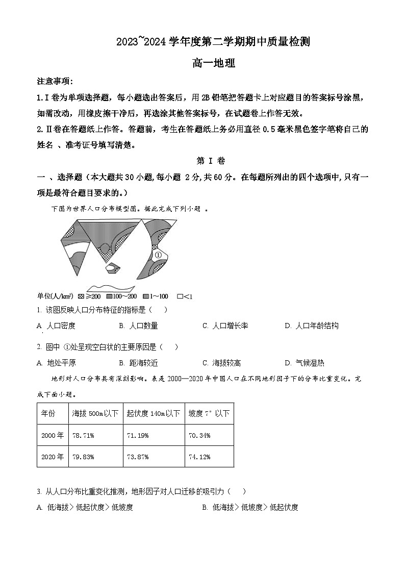 山东省滕州市2023-2024学年高一下学期期中考试地理试卷（原卷版+解析版）01