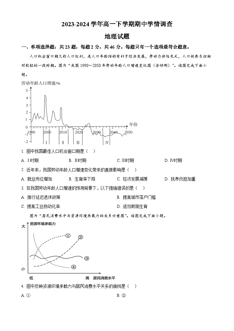 江苏省镇江市十校联考2023-2024学年高一下学期4月期中地理试题（原卷版+解析版）01