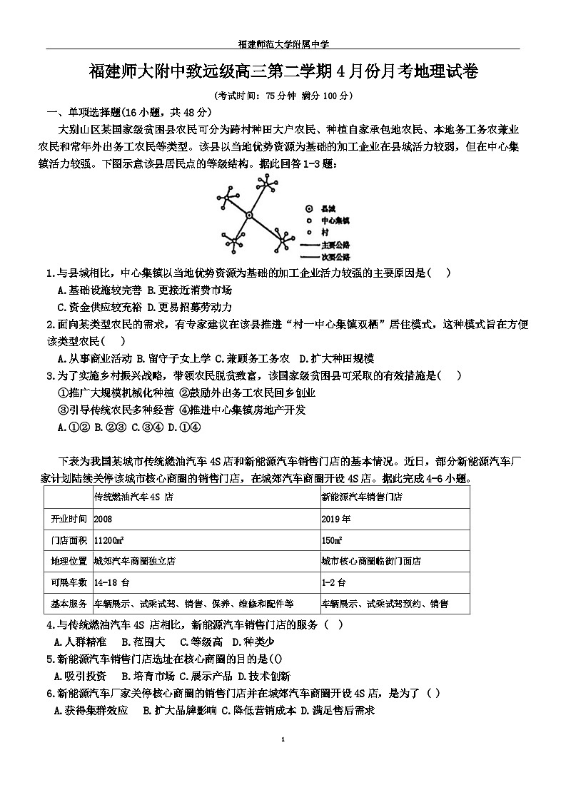 2024届福建省福建师范大学附属中学高三下学期4月月考地理试题第1页