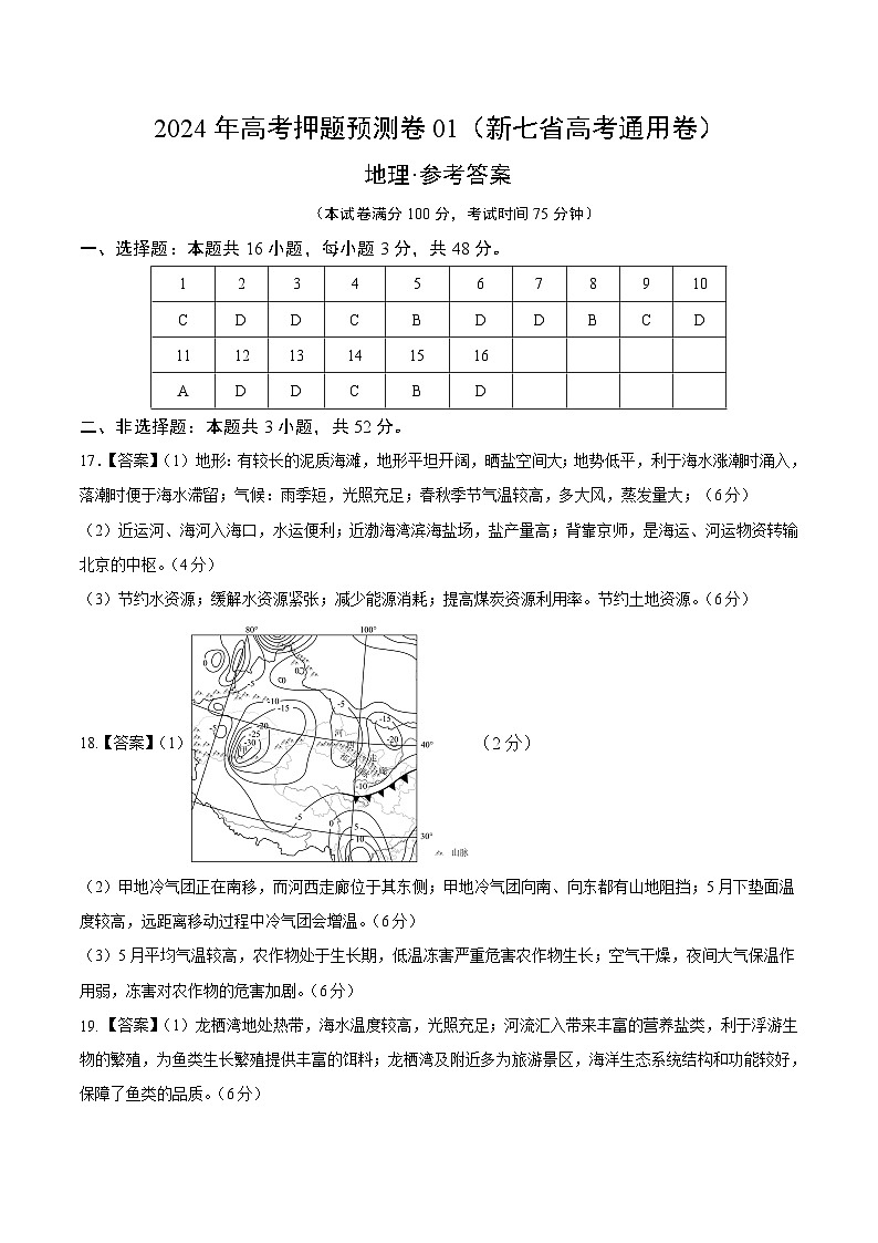 地理（新七省高考通用卷01）（参考答案）第1页