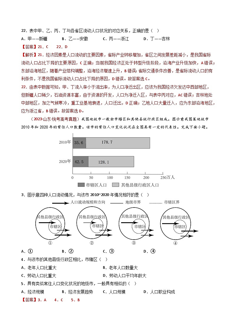 专题08 人口-【真题汇编】2021-2023年高考地理真题分享汇编（全国通用）02