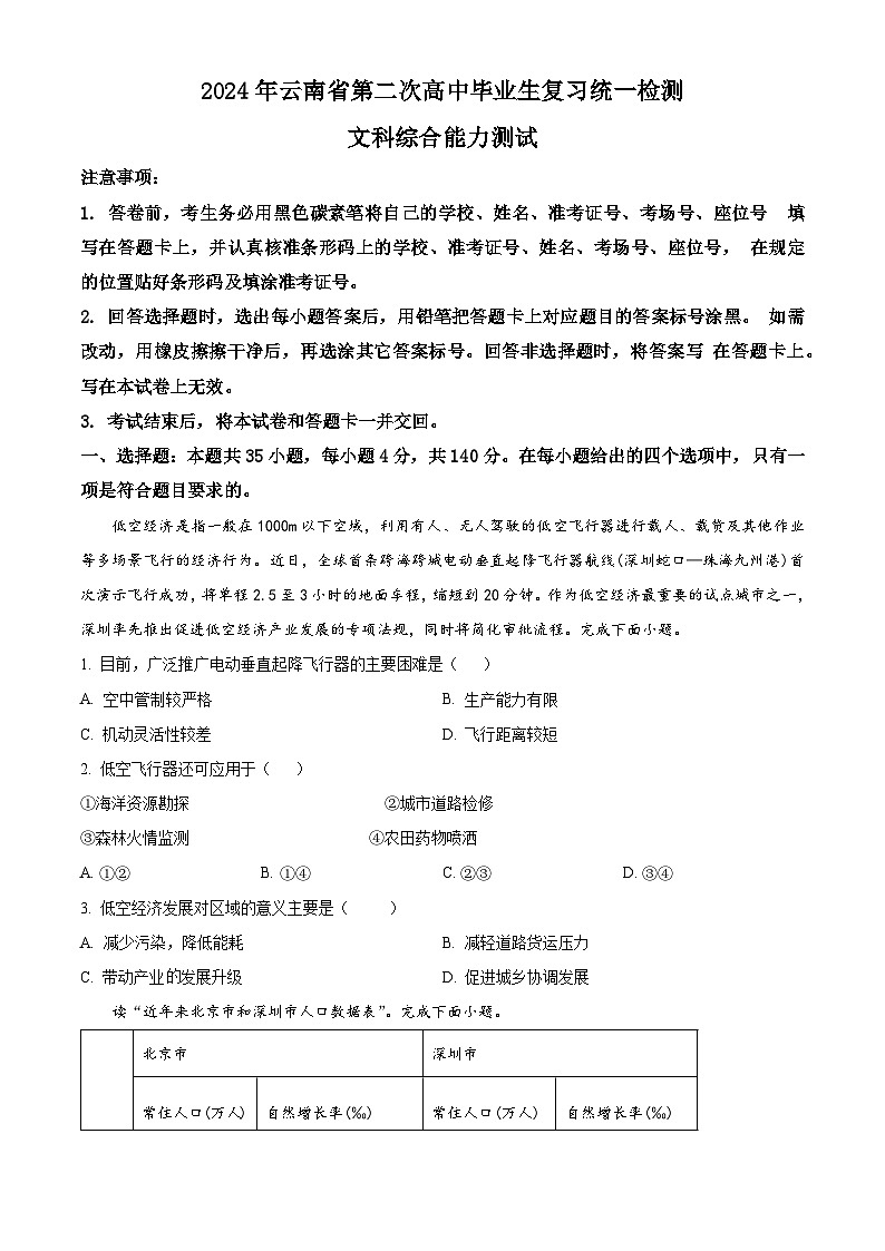 云南省2024届高三下学期二模地理试题 Word版无答案第1页
