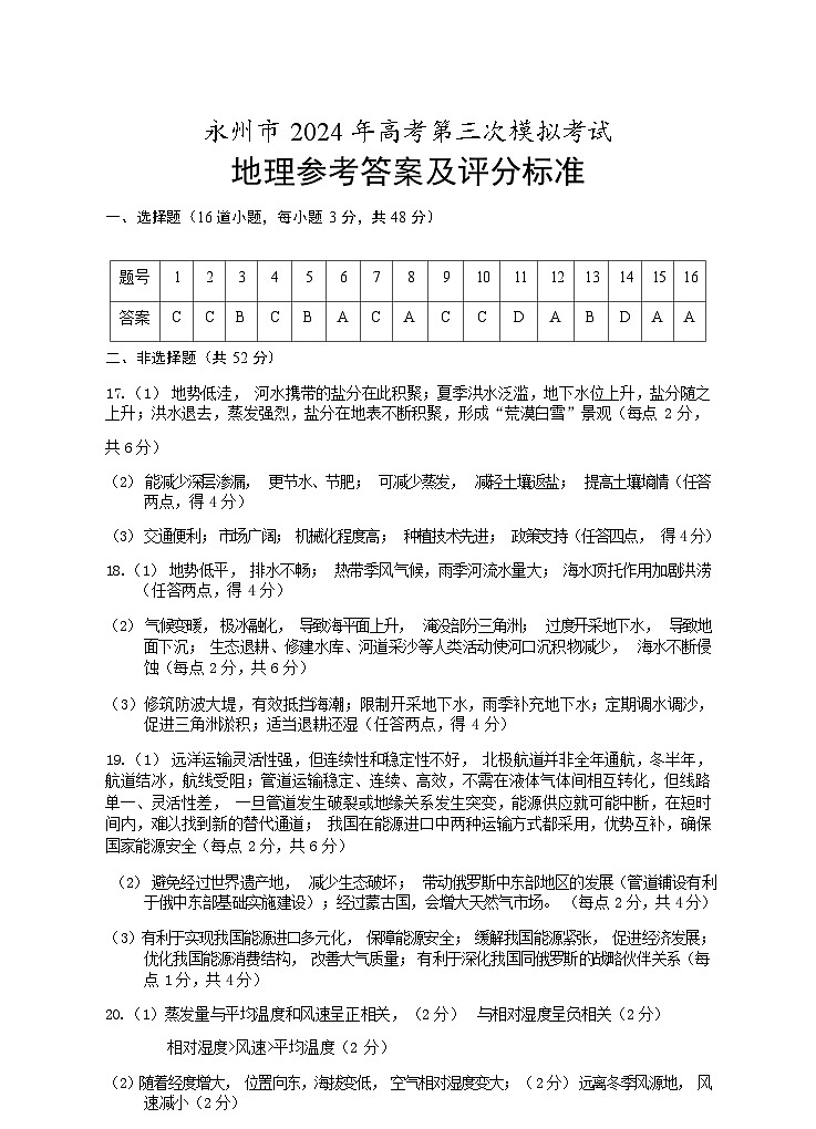 湖南省永州市2024年(届)高三年级高考第三次模拟考试地理试题01