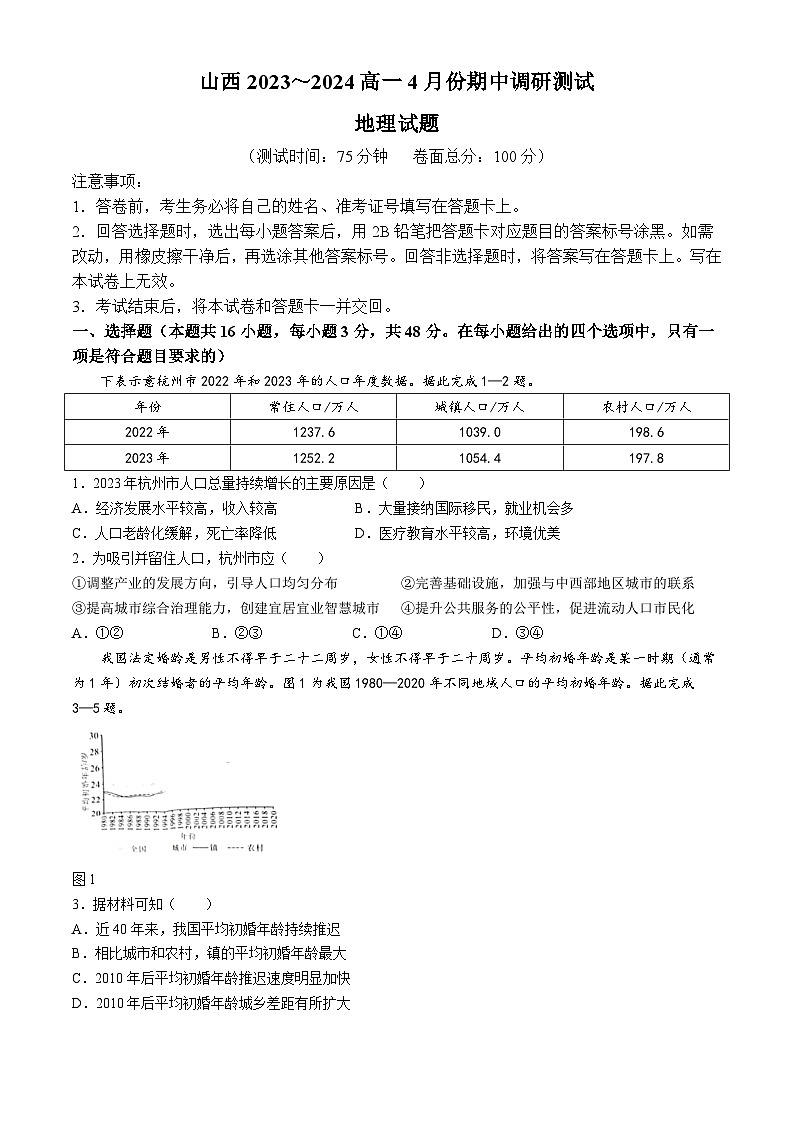 山西省临汾市山西百校联考2023-2024学年高一下学期4月期中地理试题(无答案)01
