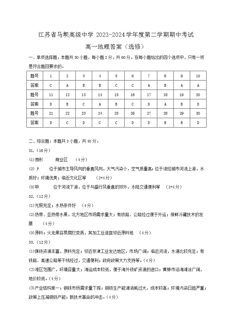 江苏省马坝高级中学2023-2024学年度第二学期期中考试_高一地理  选修  答案第1页