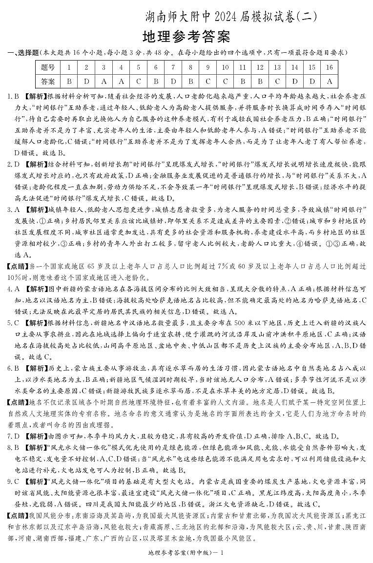 2024届湖南师范大学附属中学高三下学期模拟（二）地理试题01