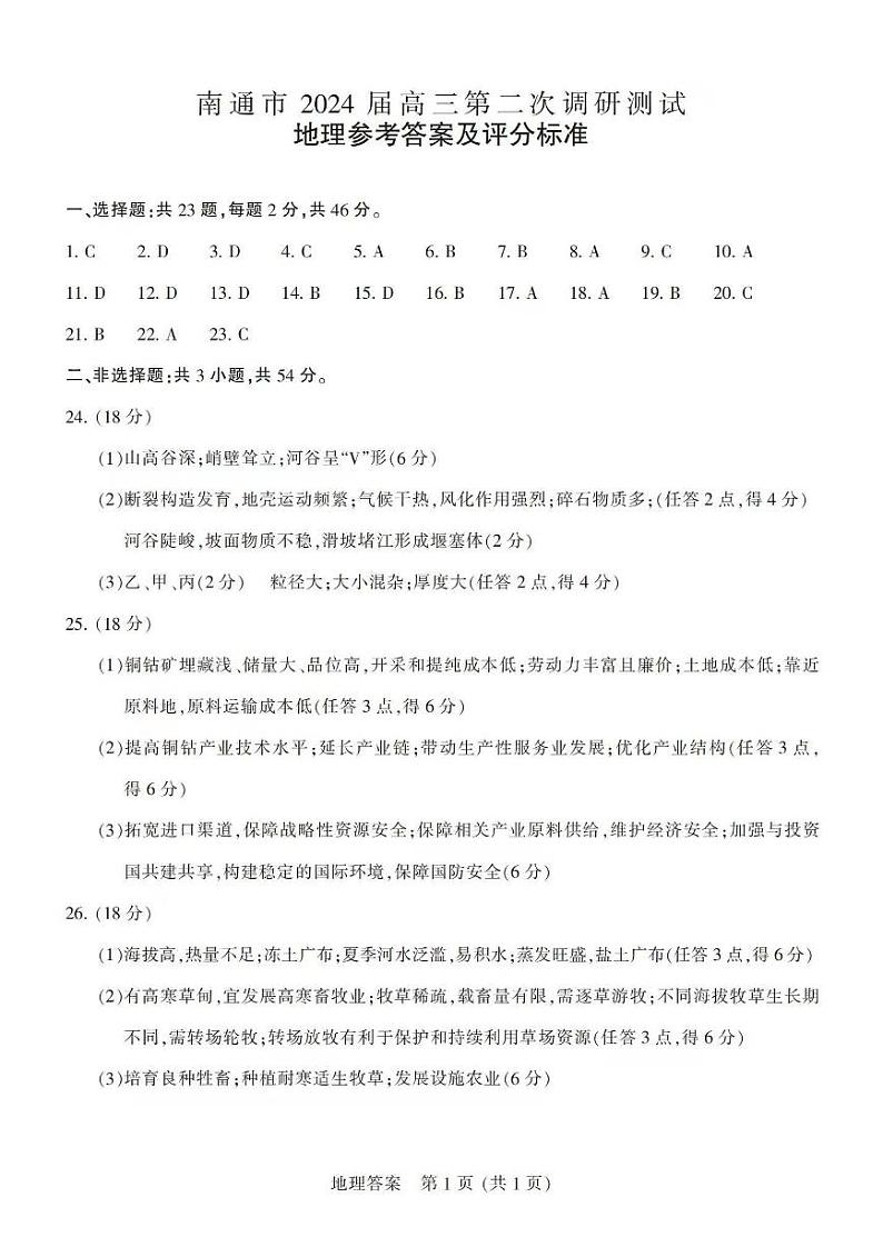 2024届苏北七市（南扬泰徐淮连宿）高三二模地理答案第1页