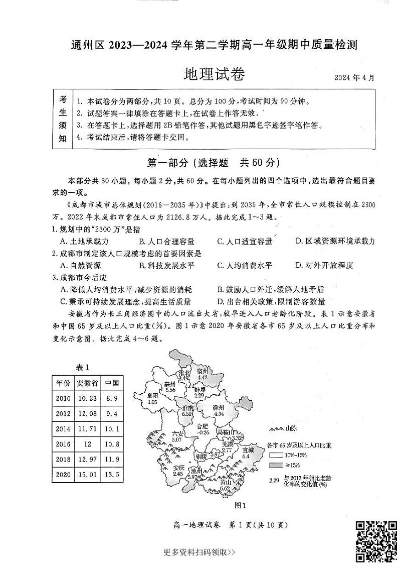 2024北京通州高一下学期期中地理试卷第1页
