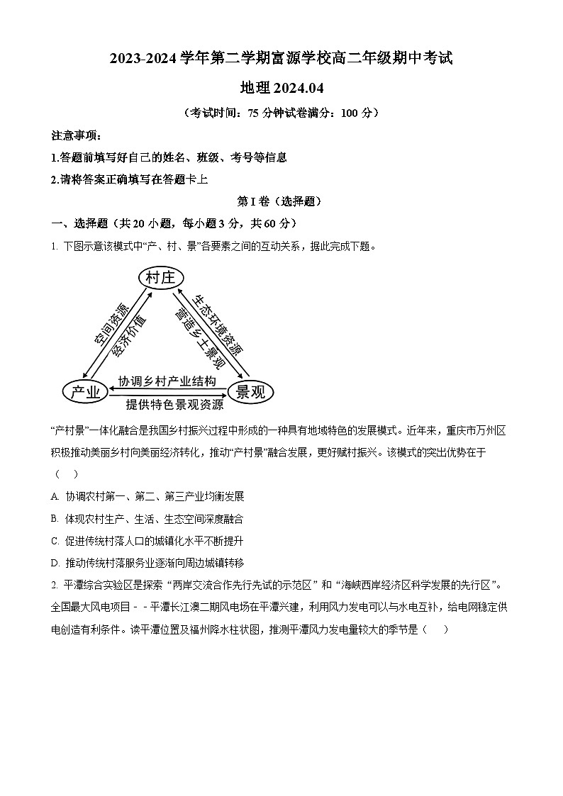 广东省深圳市富源学校2023-2024学年高二下学期4月期中地理试题（原卷版+解析版）01