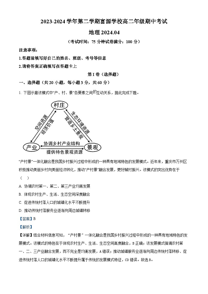 广东省深圳市富源学校2023-2024学年高二下学期4月期中地理试题（原卷版+解析版）01