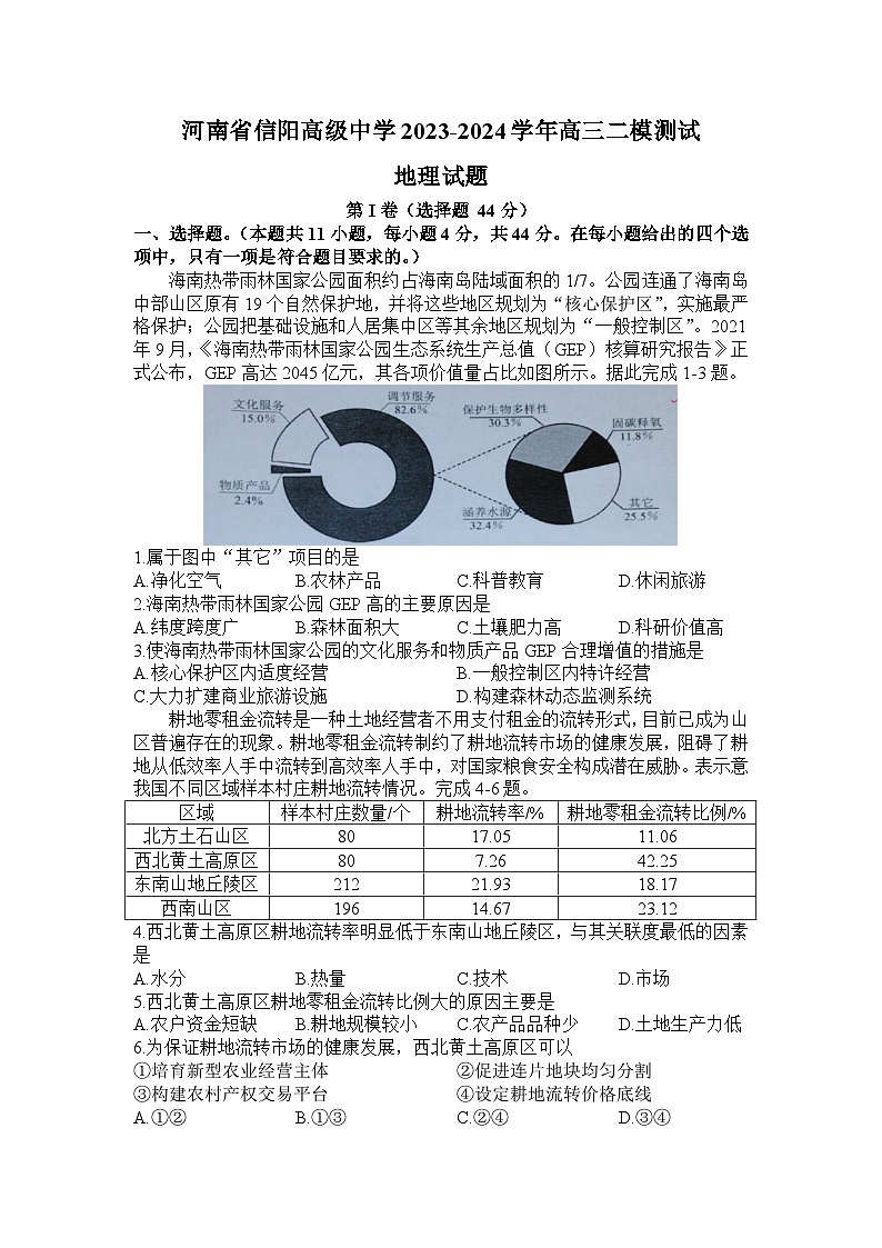 2024届河南省信阳高级中学高三二模测试地理试题01