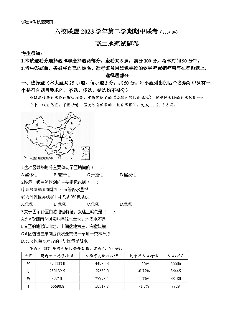 浙江省台州市六校2023-2024学年高二下学期4月期中地理试题01