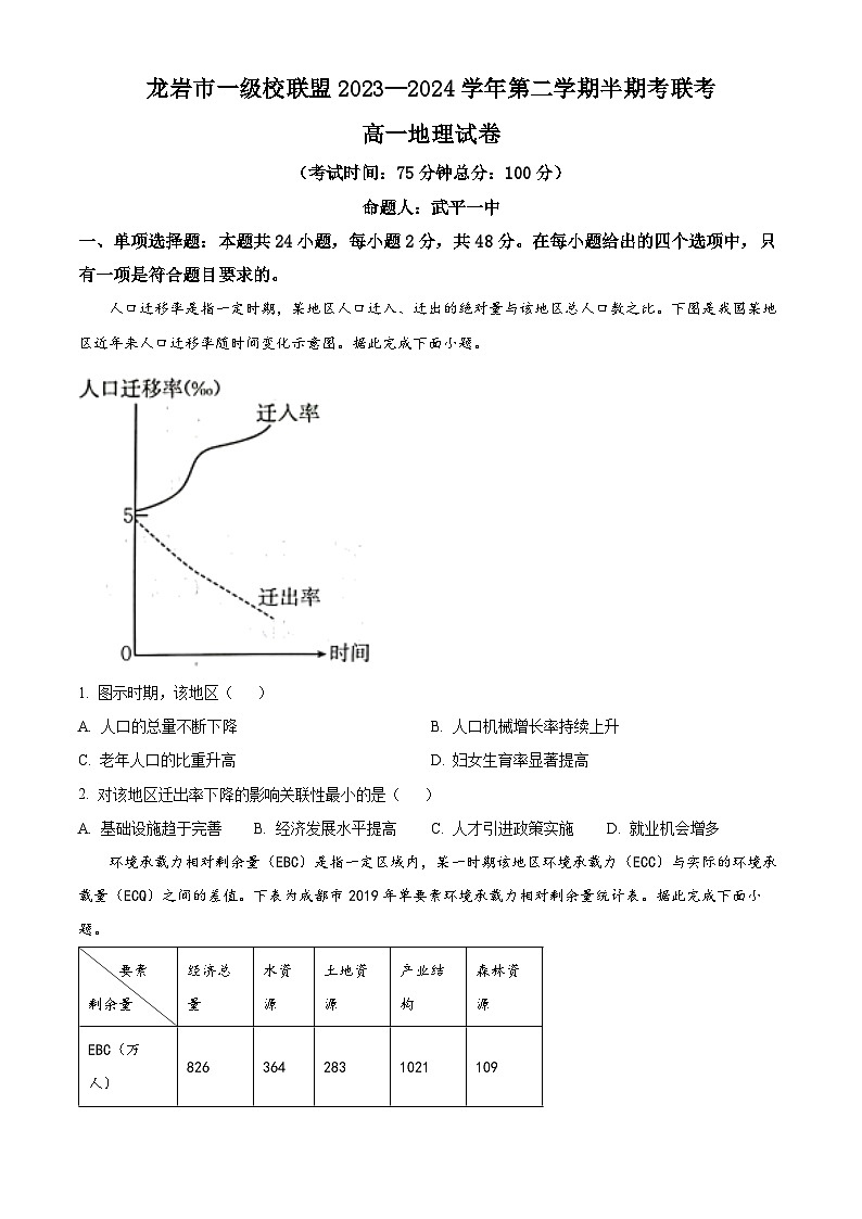 福建省龙岩市一级校联盟2023-2024学年高一下学期4月期中地理试题（原卷版+解析版）01