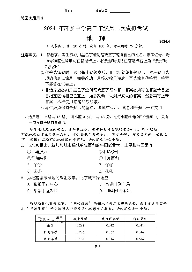 2024届江西省萍乡中学高三第二次模拟考试地理试题01