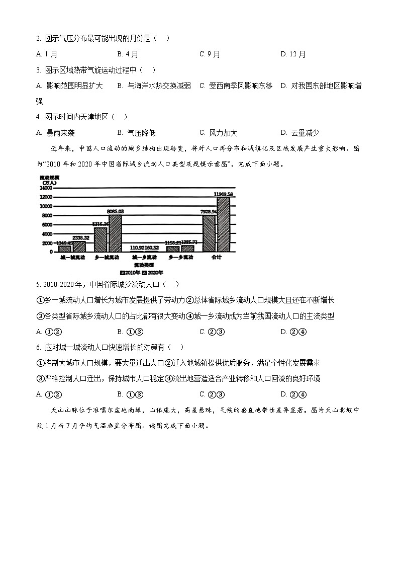 2024届天津市部分区高三质量调查（二）地理试题（原卷版+解析版）02