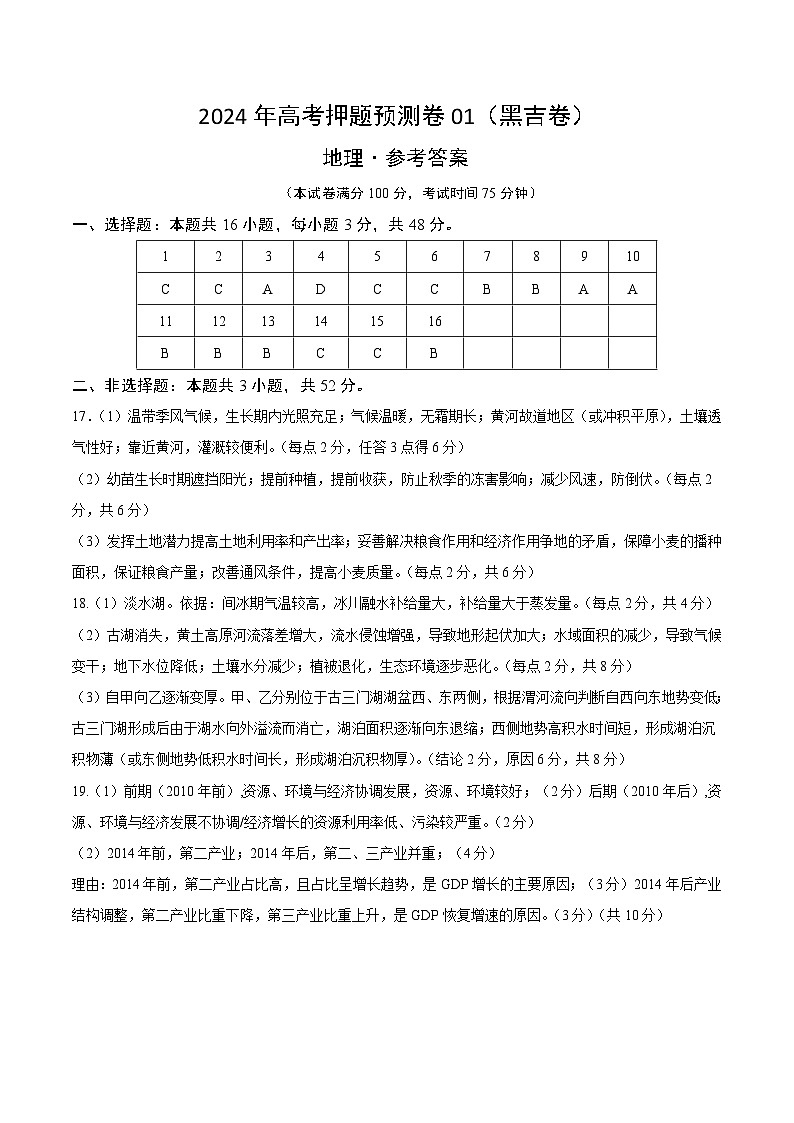 2024年高考押题预测卷—地理（黑吉卷01）（参考答案）第1页