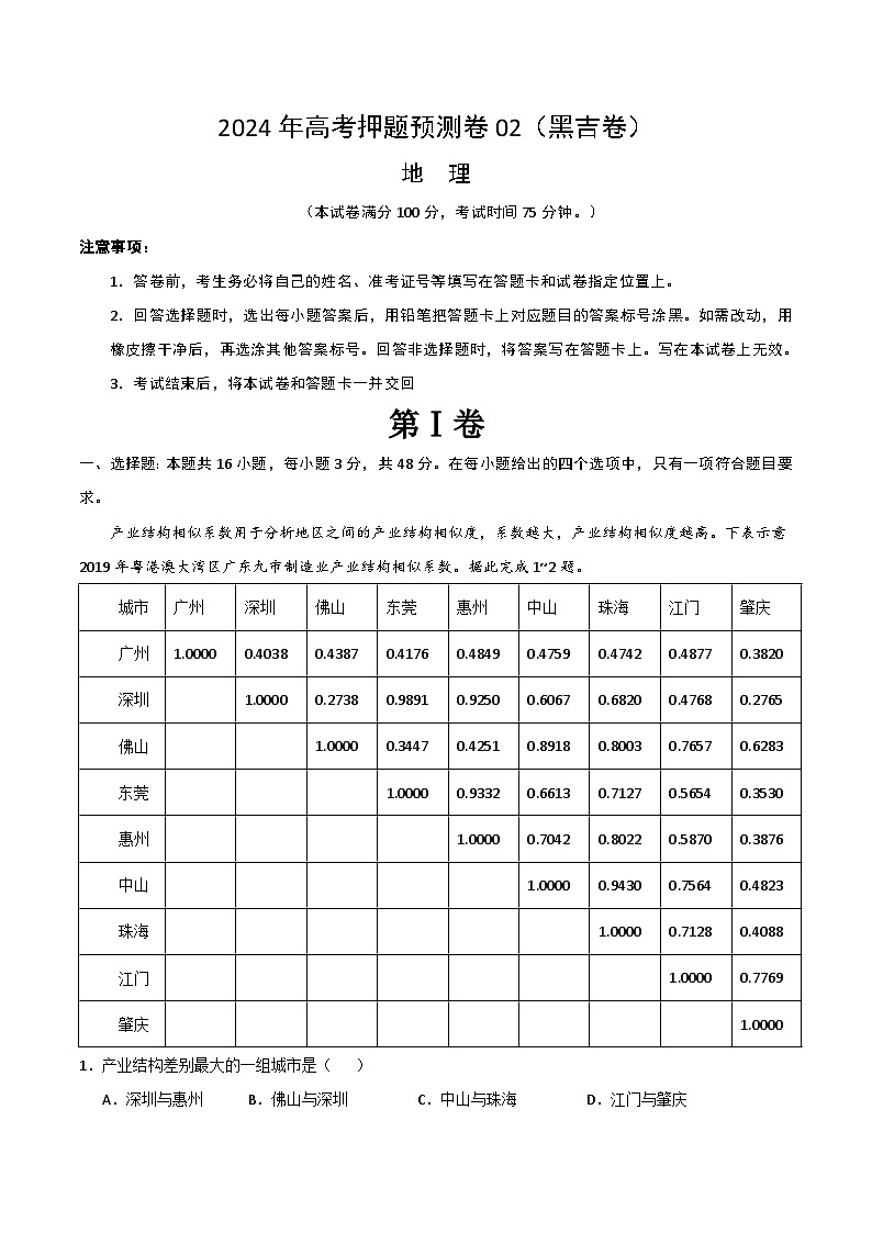 2024年高考押题预测卷—地理（黑吉卷02）（考试版）第1页