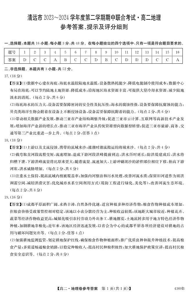 广东省清远市2023-2024学年高二下学期期中联考地理试题（Word版附答案）01